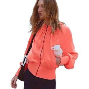 Free People Movement Lowkey Zip Hoodie Neon Coral Cropped Athleisure Small NWT